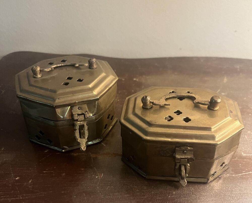 Pair Vintage Solid Brass Cricket Trinket Boxes (India)